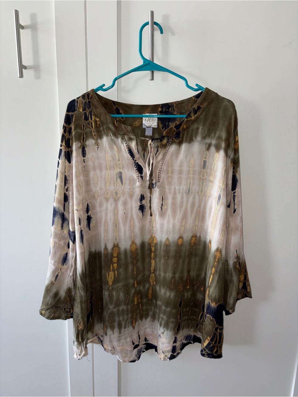 Westport Olive, Beige & Navy Boho Tie-Dye Split Neck Tunic